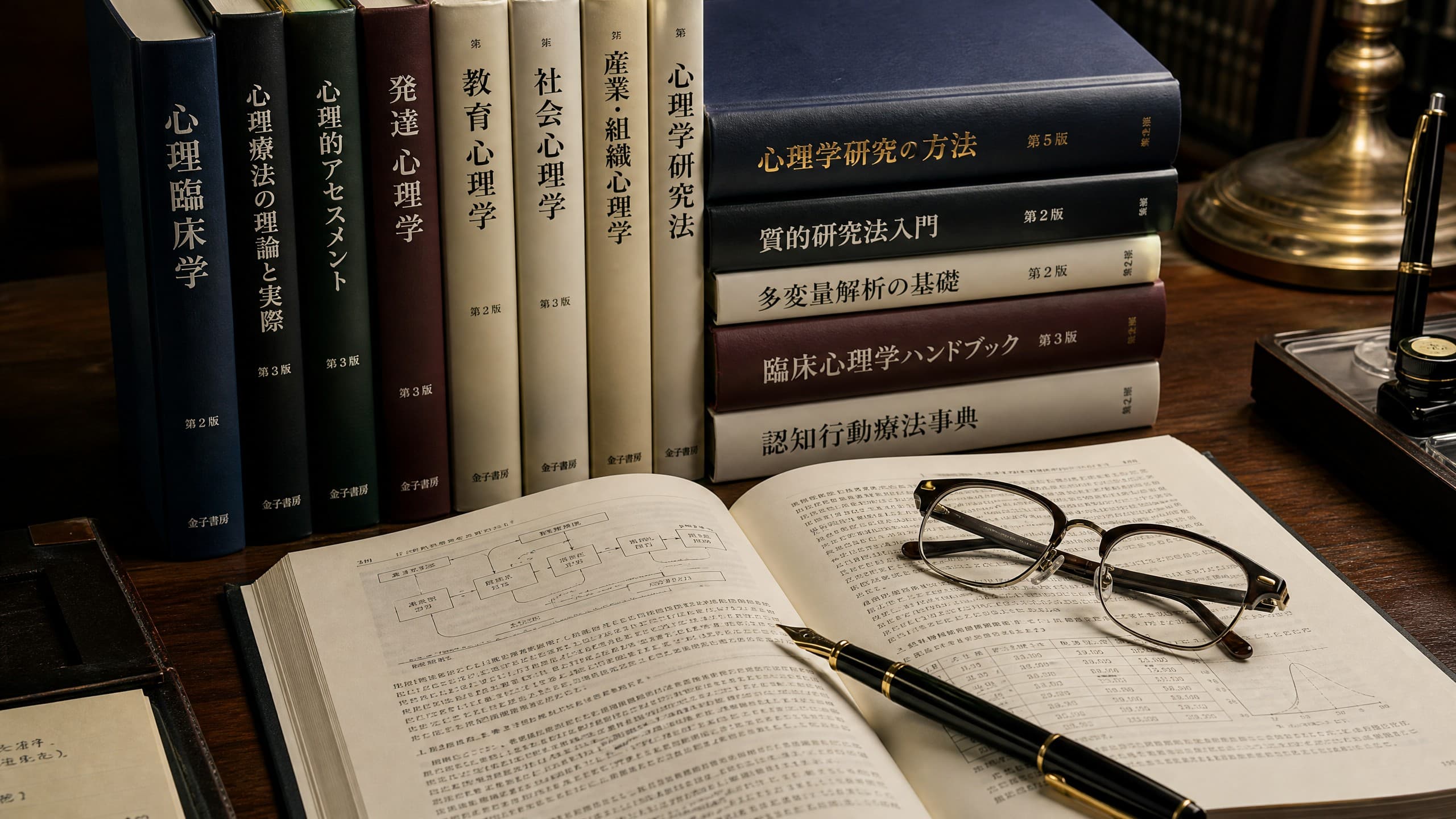 机上に心理学の専門書が並び、開いた本文のうえに眼鏡と万年筆が置かれている様子